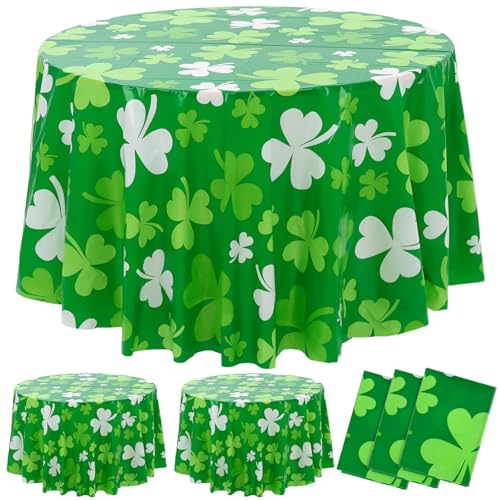 Hahafelt 3 Pcs St Patricks Day Plastic Round Tablecloth 84 Inch Green Shamrock Disposable Table Cover Irish Lucky Clover Circular Table Cloth for St Patricks Day Picnic Birthday Party Decoration