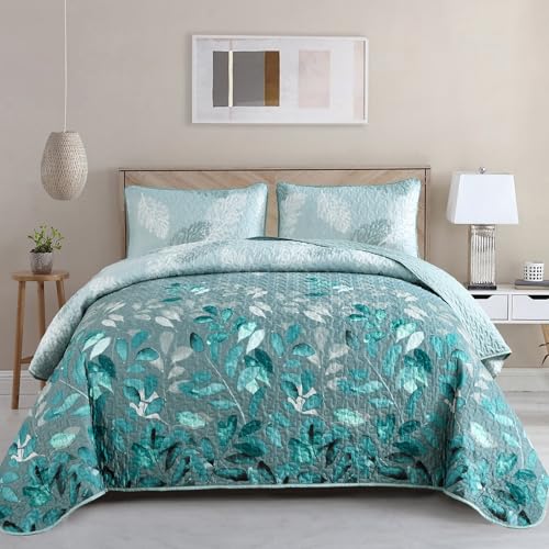 "Floral Quilt Set Queen Size, 3 Pieces Aqua Botancal Leaves Bedspread Coverlet Set with 2 Pillowcases for All Season, Soft Microfiber Floral Bedding Set 96""×90"""