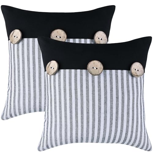 ASPMIZ Linen Throw Pillow Covers 20x20 Set of 2, Boho Farmhouse Couch Pillow Cover with Rustic Buttons, Soft Decorative Cushion Covers for Sofa, Bedroom, Living Room, Home Decor, Black