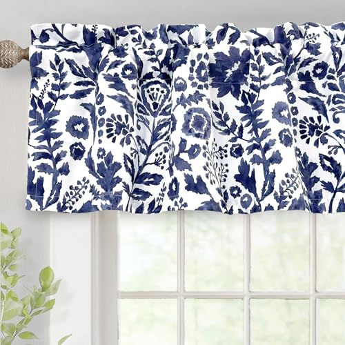 DriftAway Julia Watercolor Blooming Flower Floral Lined Thermal Insulated Window Curtain Valance Rod Pocket 52 Inch by 14 Inch Plus 1.75 Inch Header (Navy) 1 Pack