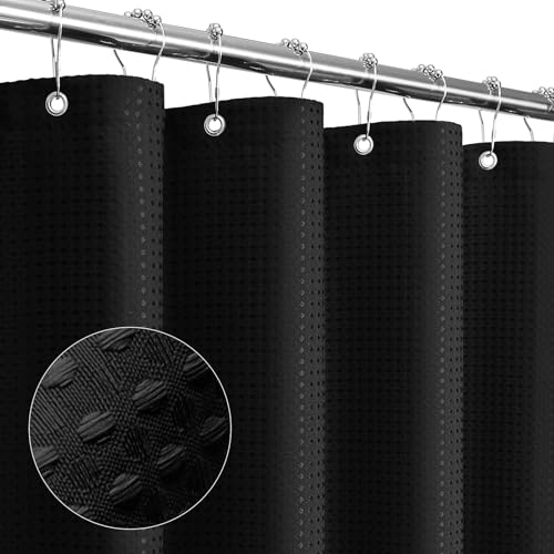 Gibelle Black Shower Curtain, Waffle Weave Textured Fabric Shower Curtain for Bathroom, Soft Cloth & Hotel Spa Luxury, Water Repellent, Machine Washable, 72X72