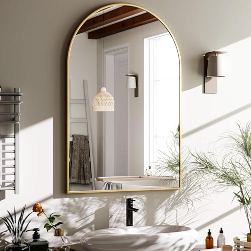 "HARRITPURE 20""x30"" Arched Bathroom Mirror - Wall Mounted Mirror - Gold Arch Mirror - Aluminum Alloy Frame Bathroom Mirror Living Room, Bedroom, Bathroom and Entryway"