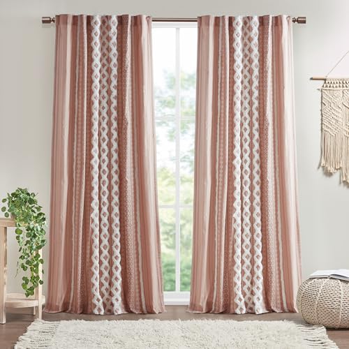 "INK+IVY Imani Cotton Geometric Print, Single Panel Window Curtain Texture, Mid-Century Look Easy to Hang, Fits up to 1.25"" Diameter Rod, 50"" x 84"", Blush"