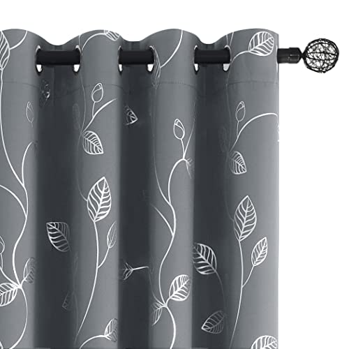 BUHUA Heat Blocking Curtains, Black Out Curtains 72 Inch Long 2 Panels Burg, Soundproof Curtains with Silver Leaf Printed (52 x 72 Inch,Grey,Set of 2 Panels)