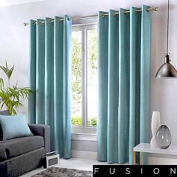 "Fusion - Sorbonne - 100% Cotton Pair of Eyelet Curtains - 46"" Width x 90"" Drop (117 x 229cm) in Duck Egg"