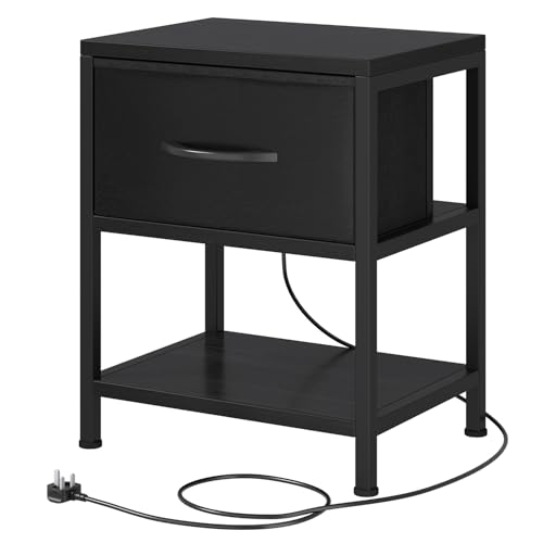 Feonase Slim Side Table with Charging Station, Narrow Bedside Table with Fabric Drawer & Storage, End Table for Living Room Bedroom Small Space, Black, 40x30x50cm