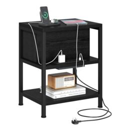 Feonase Slim Side Table with Charging Station, Narrow Bedside Table with Fabric Drawer & Storage, End Table for Living Room Bedroom Small Space, Black, 40x30x50cm