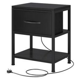 Feonase Slim Side Table with Charging Station, Narrow Bedside Table with Fabric Drawer & Storage, End Table for Living Room Bedroom Small Space, Black, 40x30x50cm