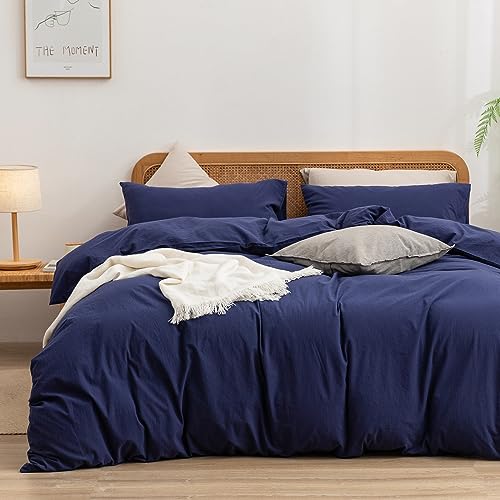 BESTOUCH Duvet Cover Set 100% Washed Cotton Linen Feel Super Soft Comfortable Chic Lightweight 3 PCs Home Bedding Set Solid Navy Blue Full/Double