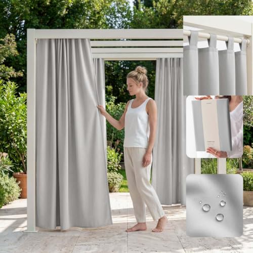 ROOM99 Garden Line Outdoor Curtain with Loops, 155 x 220 cm Width x Height Outdoor Curtain, Weatherproof, Waterproof Privacy Screen, Sun Protection Curtains, Garden, Windproof, Light Grey
