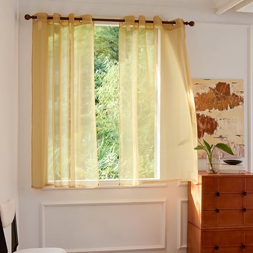 MISSTIAM Foil Stripe Gold Sheer Curtains 63 inches Length 2 Panels with Grommets 52 inches Widith, Semi Transparant Curtains for Living Room and Multiple Rooms, Light Filtering Window Treatment