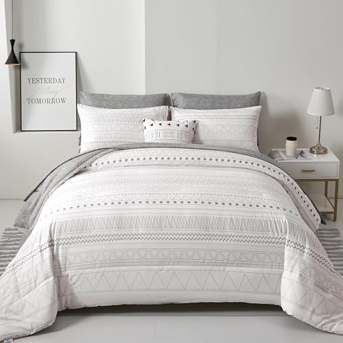 WONGS BEDDING Boho Comforter Set Queen,7 Pieces White Grey Geometric Bed in a Bag Comforter Bohemian Soft Microfiber Bedding Set for All Season with Pillowcases & Shams,Flat Sheet,Fitted Sheet