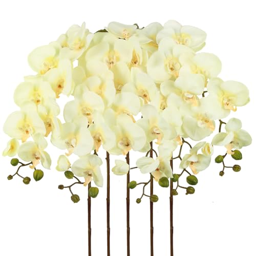 "IPOPU 40.16"" Champagne Orchid Artificial Flowers 5PCS Look Real Faux Orchids Long Stem Fake Orchid Stems Phalaenopsis for Tall Vase for Bridal Shower Home Party Wedding Decoration (Champagne)"