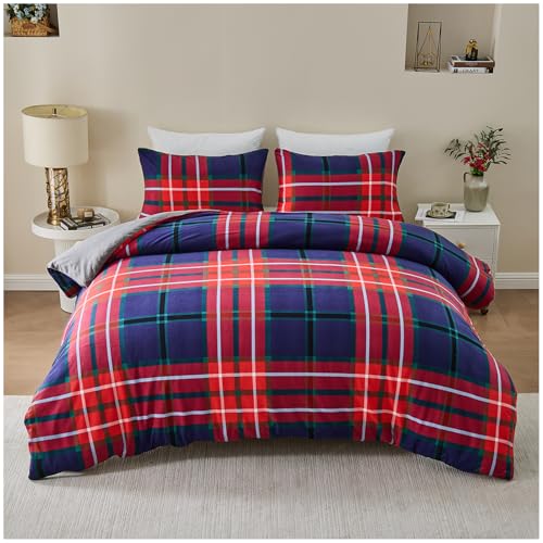GC GAVENO CAVAILIA Denim Check Pattern Kingsize Duvet Cover Sets with Matching Pillowcases - Modern Easy Care Reversible Quilt Cover - Super Soft Polyester Long-Lasting Comforter Bedding Set, Multi