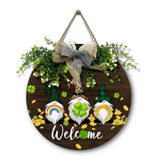 Dacawin St. Patrick's Day Gnome Welcome Rainbow Gold Coin Green Shamrock Lucky Clover Gift Wreath Decorations Hanger Saint Irish Front Door Sign 12 Inch
