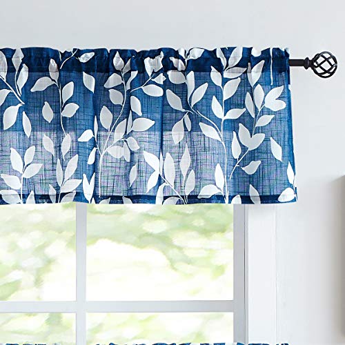 "Treatmentex Leaf Kitchen Valance Curtain for Living Room Windows Navy Blue and White Print Curtain Valance 52"" w x 15"" l 1 Panel"