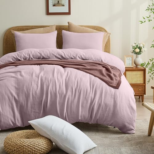 MEISHANG Muslin Duvet Cover King Size - 100% Organic Cotton, Soft Textured Gauze Weave Comforter Cover for Breathable All-Season with Zipper Closure - 3 Piece Set (King, Light Purple)