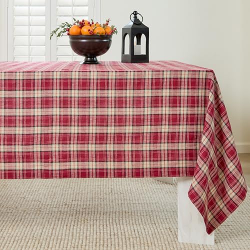 Solino Home Plaid Linen Tablecloth 60 x 90 Inch - 100% Pure Linen Burgundy Plaid Table Cloth for Rectangle Tables - Machine Washable Tablecloth