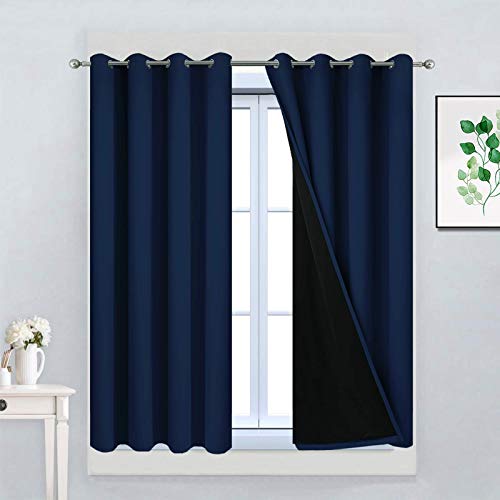 "Yakamok 100% Blackout Curtains 45 Inches Long, 2 Thick Layers Total Blackout Drapes, Light Blocking Thermal Insulated Lined Blackout Curtains for Bedroom(Navy Blue, 52"" Width Each Panel, 2 Panels)"