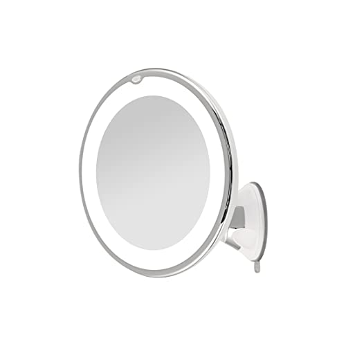 EMKE 5X Magnifying Shaving Mirror with Light, LED Travel Makeup Mirror with Locking Suction Mount - 360° Swivel - Cool Light - Battery, Portable Illuminated for Bathroom, 175mm (UCM03BTMX1W)
