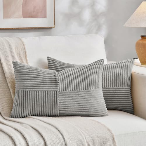 Fancy Homi 2 Packs Grey Long Lumbar Decorative Throw Pillow Covers 16x24 Inch for Couch Bed Sofa, Rustic Farmhouse Boho Home Decor, Soft Striped Corduroy Rectangle Accent Cushion Case 40x60 cm