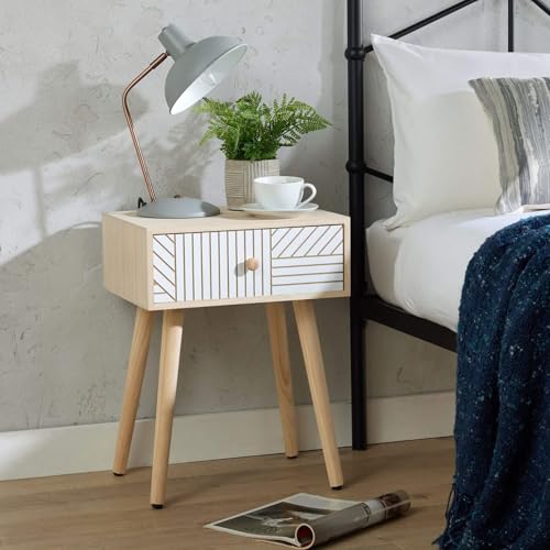 Home Source Romford Bedside Table, 1 Drawer Side Lamp Cabinet Nightstand, Carving Design Pine Scandi Legs Bedroom Furniture