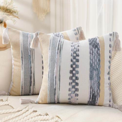 decorUhome Decorative Boho Throw Pillow Covers 18x18 Set of 2, Accent Striped Chenille Tufted Pillow Covers with Tassels for Couch Bed Sofa, Cream White and Light Grey