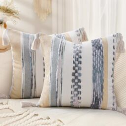 decorUhome Decorative Boho Throw Pillow Covers 18x18 Set of 2, Accent Striped Chenille Tufted Pillow Covers with Tassels for Couch Bed Sofa, Cream White and Light Grey