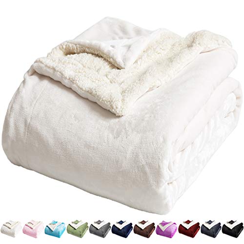 LBRO2M Sherpa Fleece Bed Blanket Queen Size Super Soft Fuzzy Plush Warm Cozy Fluffy Microfiber Couch Throw Velvet Double Reversible Luxurious Blankets,Ivory
