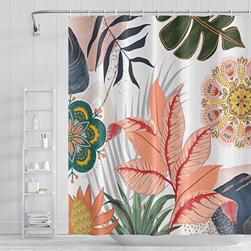 Umpoo Abstract Mid Century Bathroom Shower Curtain Colorful Boho Tropical Leaves Shower Curtain with Hooks Polyester Waterproof Fabric Home Bathtub Shower Curtain Decorative, 72x96 Inch
