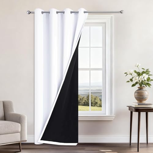 "Yakamok Pure White 100% Blackout Curtains 84 Inches Long 52"" Wide 1 Panel - Blackout Curtain Panels for Bedroom, 2 Thick Layers Grommet Top Thermal Insulated Drapes with Black Liner for Living Room"
