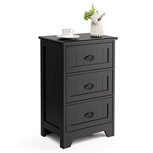 CASART Bedside Table, 3-Drawer Nightstand with Anti-toppling Device & Metal Handles, 4-Tier Sofa Side Table Chest of Drawers for Living Room Bedroom Study (Black)