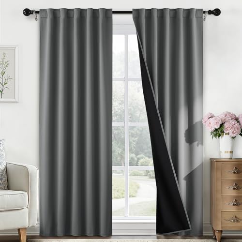 SimpleHome 100% Blackout 84 Inch Grey Curtains for Living Room - Curtains for Bedroom,Rod Pocket and Back Tab Window Drapes,Room Darkening Curtains with Black Back,52 x 84 Inch,2 Panels