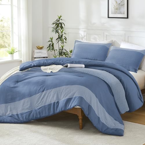 Litanika Full Comforter Set - 3 Pieces Stripe Bedding Comforter Sets - Sapphire Blue Boys Men Fluffy Lightweight Soft Colorblock Down Alternative All Season Bed Set