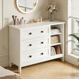 Feonase White Chest of Drawers Bedroom with Charging Station and Open Shelving - Multifunctional Drawer Cabinet for Bedroom and Living Room 90x68x36cm