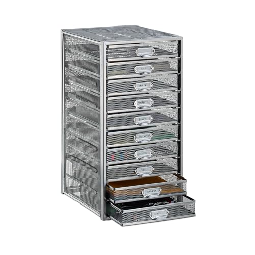 Relaxdays Desk Organiser, 10 Drawers for DIN A4 Files, Letter Tray and Paper Sorter, Mini Chest of Drawers, Silver