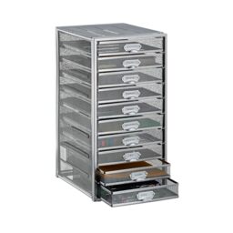 Relaxdays Desk Organiser, 10 Drawers for DIN A4 Files, Letter Tray and Paper Sorter, Mini Chest of Drawers, Silver