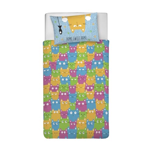 PENSIERI DELICATI 100% Cotton Single Duvet Cover Set, Complete with 155 x 200 cm Bag and 1 Pillowcase 52 x 82 cm, Made in Italy, Duvet Cover Machine Washable At 40 Degrees, Happycat Pattern,