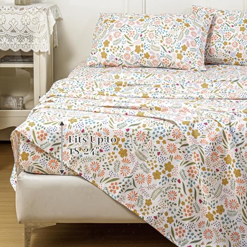 MEISHANG Queen Sheet Set - Ultra Soft Floral Sheets Extra Deep Pocket Fitted 18-24 Inch 100% Microfiber,1800 Thread Count Floral Bed Sheets Oeko-Tex Certificated 4 Pieces - Yellow