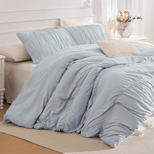 Lady Ann Oversized King Comforter Set Light Blue Ruched Bedding Comforter Sets 120x98 for Bedroom, Ultra Soft Rluffle Fuffy Shabby and Chic Bed Sets for All Season, 3PCS
