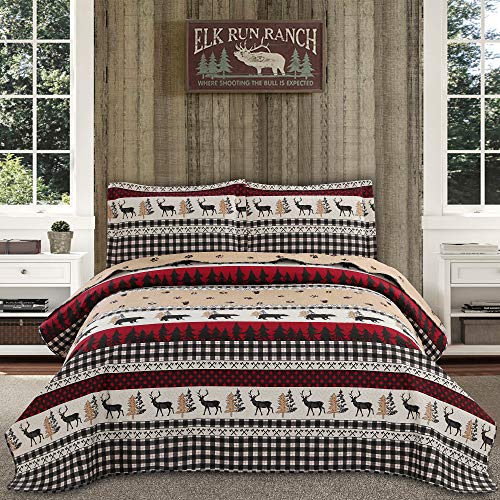 Rustic Quilt Bedding Queen/Full Size Lodge Country Quilt Lightweight Home Bedspread Cabin Black White Plaid Quilt Coverlet Bed Set Forest Moose Bear Print Bedding Plaid Bedspreads Reversible Bedding