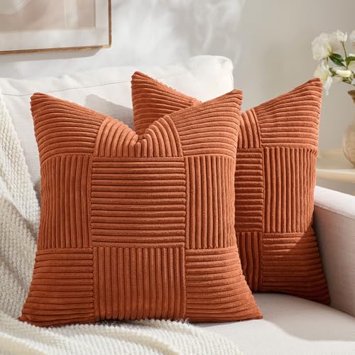 Fancy Homi Set of 2 Orange Boho Decorative Throw Pillow Covers 20x20 Inch for Living Room Bedroom Couch Bed Sofa, Modern Farmhouse Home Decor, Soft Striped Patchwork Plaid Corduroy Accent Cushion Case