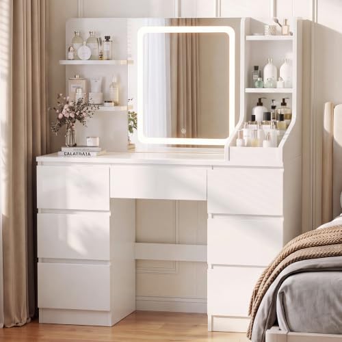 JUMMICO High Gloss Dressing Table with LED Mirror,Adjustable Brightness