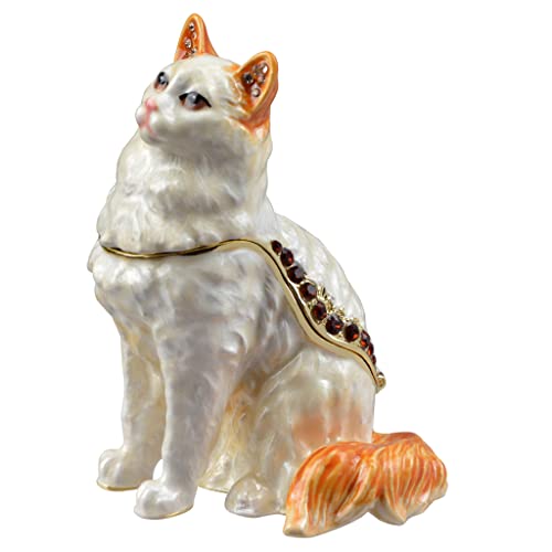 FJ FENGZHIJIE White Cat Trinket Box with Golden Crystal Enamel Design, Jeweled Enameled Figurine, Charming Cat Home D??cor & Thoughtful Gifts