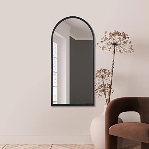 "MirrorOutlet The Arcus - Black Metal Framed Modern Arched Wall Mirror 47"" X 23.5"" (120CM X 60CM) Black. 2cm Wide Frame and 3cm Deep"