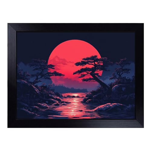 Lap Tray with Bean Bag Cushion, Japanese Sunset Composition - Handmade in the UK, Raised Wooden Edge, Padded Cushion, Heat-Resistant Wipe-Clean Surface, for Meals, Laptops and Crafts