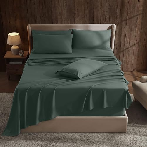 Hearth & Harbor Extra Deep Pocket Queen Sheets Sets - Fits Mattress 18-24 Inches Deep - Extra Deep Pocket Sheets - 6 Piece Queen Size Sheets - Forest Green