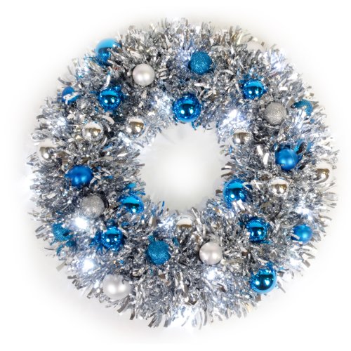 WeRChristmas 36 cm Pre-Lit Tinsel Wreath with Baubles 20-LED Lights Christmas Decoration, Silver/ Blue