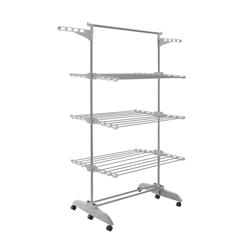 PORTENTUM Clothes airer drying rack ??? 5-Tier foldable to 14 cm with 58 hanger hooks ??? Up to 40 kg ??? horse-style dryer with 24 stainless-steel bars ??? Indoor and outdoor use ??? Swivel wheels with brake