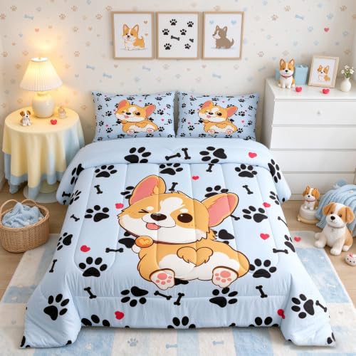 Castle Fairy Cute Corgi Comforter Set Twin Size,Cartoon Dog Footprint Bones Bedding Set 2pcs for Kids Boys Girls Room Decor,Smiling Doggy Quilt Set Family Paw Duvet Insert with 1 Pillowcase,Blue